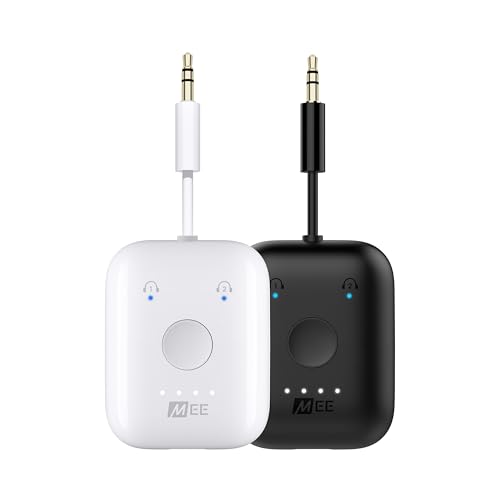 Image of MEE audio Connect Air (2 PACK) in-Flight Bluetooth Wireless Audio Transmitter Adapter for up to 2 AirPods /Other Headphones; Works with All 3.5mm Aux Jacks on Airplanes, Gym, TVs, & Gaming, Black&White