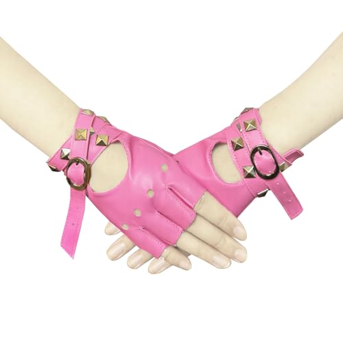 1 Pair of Pink PU Leather Half Finger Gloves Gothic Punk Rivet Fingerless Gloves for Halloween Performance Costume Dress Up