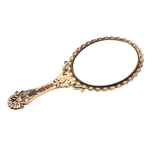 Fityle Espelho oval de mão estilo antigo decorativo com alça em relevo design rosa para maquiagem co