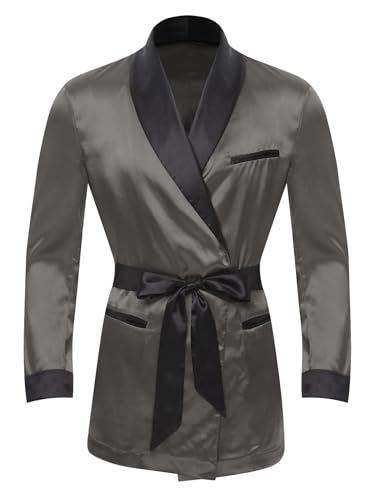 Mens Smoking Jacket Open Front Side Pockets Shirts Shiny Satin Kimono Bathrobe for Halloween3