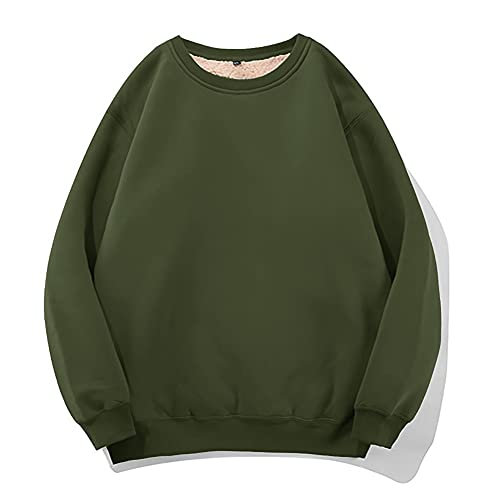 FASKUNOIE Men's Sweatshirts Warm Sherpa Lined Fleece Long Underwear Tops Winter Crewneck T shirts Army Green