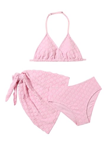 Image of SHENHE Girl's 3 Piece Swimsuits Cute Halter Triangle Bikini Bathing Suit with Beach Cover Up