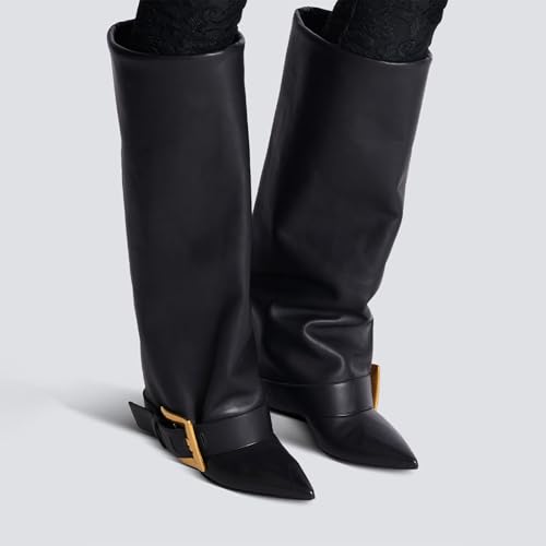 Fold Over Knee High Boots for Women Ponited Toe Stiletto High Heels Pull On Shark Lock Boots2