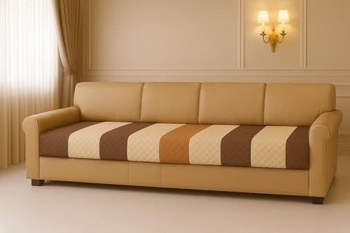 Image of Brown Stripes Quilted Velvet Sofa Cover - 4-Seater - Rich Brown Palette - Soft Quilted Velvet - Indian Size Fit - Premium Touch - Anti-Slip Backing - Pet and Child Friendly - Couch Cover