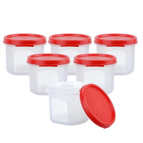 Image of SIMPARTE Smart Slim Storage Air-Tight & Leak Resistant Round Modular Container for Juice, Snacks, Spices, Condiments, Dry Fruits, Stackable, BPA Free, Refrigerator Safe (250ml, Set of 6, Red)