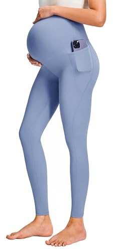 JOYSPELS Schwangerschafts-Leggings über dem Bauch mit Taschen, Nicht durchsichtig, Workout, Schwangerschafts-Leggings, Hell, blau, M