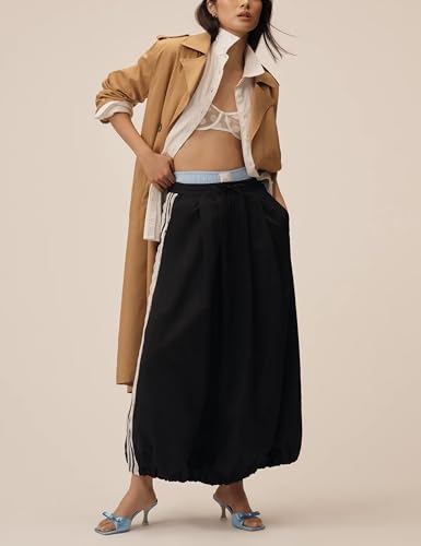 Lentta Womens Lace Stripe Bubble Maxi Skirt Ankle Length Drawstring Elastic Waisted Summer Midi Skirts with Pockets2