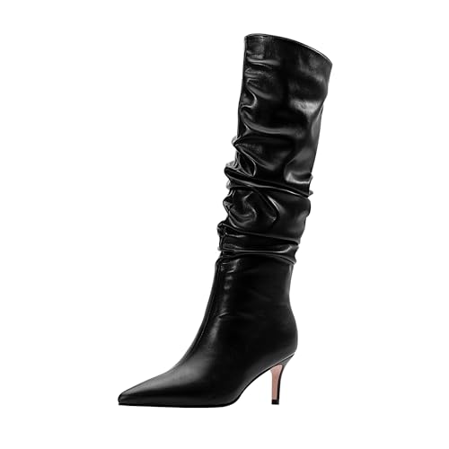 Women's Stiletto Kitten Heel Pointed Toe Slouchy Dress Knee High Boots Boots