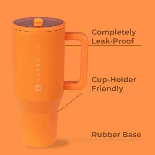Image of HydroJug Traveler - 32 oz Water Bottle with Handle & Flip Straw - Fits in Cup Holder, Leak Resistant Tumbler-Reusable Insulated Stainless Steel & Rubber Base - Gifts for Women & Men, Tangerine