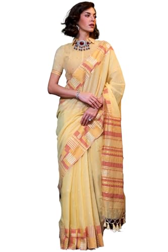 Image of SGF11 Women's Soft Cotton Linen Silk Saree With Unstitched Blouse Piece