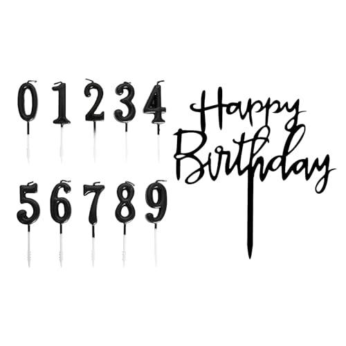 Rieoany Set di Candele di Compleanno Candele Nere Numeri per Torta 0-9 con Decorazione Happy Birthday