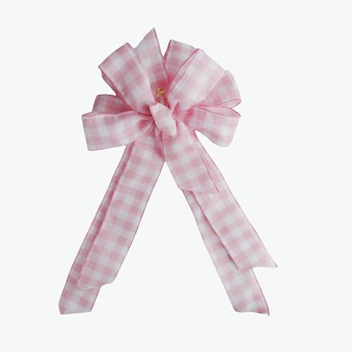 Meseey Large Pink and White Plaid Burlap Bow 20 x 10 Inch Wreaths Spring Bows for Gift Wrapping Tree Topper Front Door Party Home Decorations (Pink Plaid)