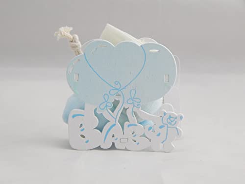 Digiglio Bomboniere Lot de 12 bonbonnières pour naissance, baptême, lot de 12 boîtes à dragées en bois avec ballons bleu ciel, cœur et ourson bébé avec...
