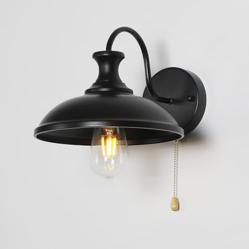 Image of Industrial Black Wall Sconce Light, Vintage 1-Light Switch Farmhouse Wall Lamp, Pull Chain Wall Sconce Lighting for Bedroom Bathroom Kitchen Hallway Living Room (Black 02)