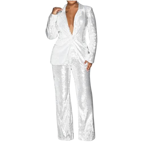 Sequins Blazer Sets for Women 2 Piece Set Slim Fit Long Sleeve Open Front Pant Suits Sparkly Disco Party Outfits