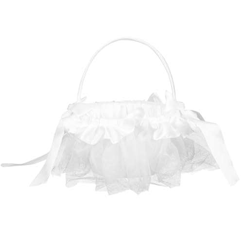minkissy Flower Girl Basket Small Flower Basket for Weddings White Cloth Wedding Basket Rhinestone Bow Ribbon Hand Basket Wedding Supply