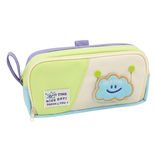 Image of Cute Cloud Pencil Pouch for Kids, Large Capacity Zippered Pen Case with Mesh Pockets & Elastic Pen Holders, Kawaii Green Purple School Stationery Organizer