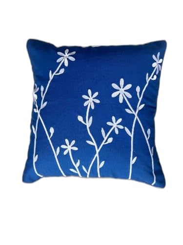 Image of Sofa Cushion Cover Cotton for Living Room Couch Soft Pillow Cover (Royal Blue /White Leaf, 16 inch x 16 inch)