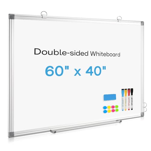 Large Whiteboard Dry Erase Board for Wall, 60" x 40" Double-Sided Magnetic Whiteboard with Long Pen Tray, Wall-Mounted White Board for Home, School, Office, Kitchen by AMUSIGHT - Used condition - US$76.68