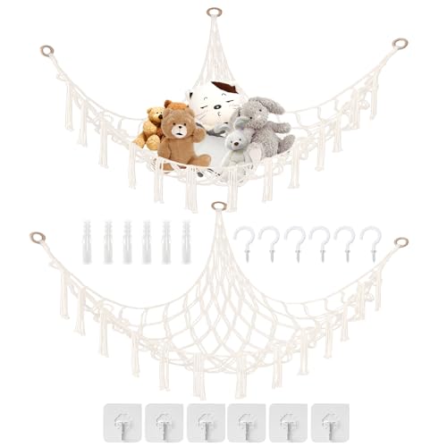 BORISCA 2 PCS Hamac de Rangement pour Jouet en Peluche, Filet Peluche à Suspendre avec 6 Crochets Solide et Durable Rangement Peluche Filet Chambre d'enfant Jouet Hamac
