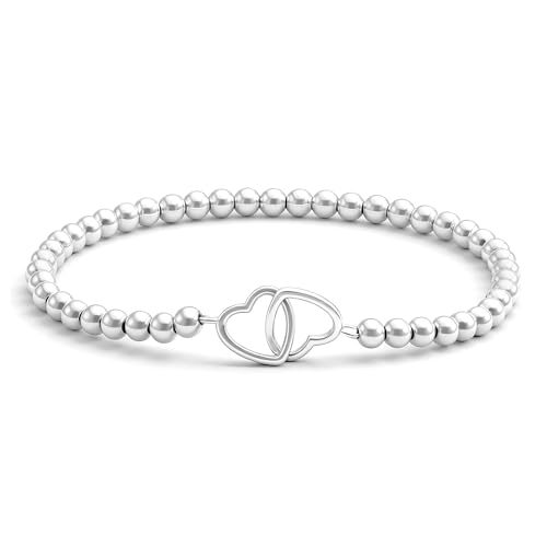 Image of LUXYSODE Beaded Bracelets for Women Cute Dainty Stretch Charm Bracelet with Ball Beads Dainty Stackable Cross Heart Bow Wave Jewelry Gifts Trendy Handmade Jewelry Gift for Her (Heart Bracelet)