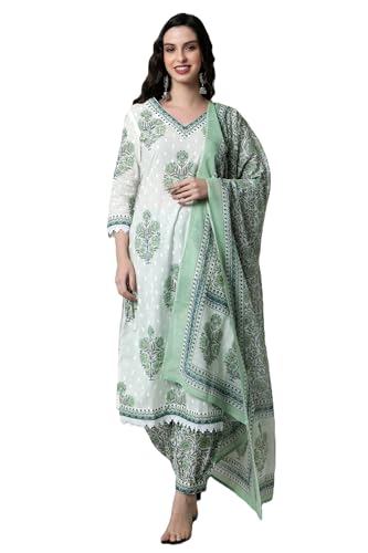 Image of Arayna Women's Cotton Printed Floral Straight Kurta with Palazzo Pants and Dupatta Set