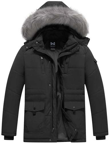 KVE Men's Hooded Warm Coat Thickened Padded Heavyweight Winter Parka Jacket with Detachable Fur Hood Black S