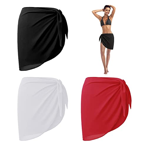 3 Strand Wickelschürzen, Sonnenschal Chiffon Wickelkleid 140 x 50 cm Chiffon Badeanzug Damen Mädchen (Schwarz Weiß Rot)