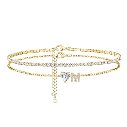 Image of Gold Initial Ankle Bracelets for Women 14K Gold Plated CZ heart Tennis Anklets for Women Waterproof Layered Adjustable Letter Anklets Large Ankle Summer Beach Foot Jewelry