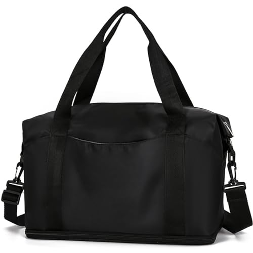 Lizbin Weekender Bags for Women, Personal Item Travel Bag, Overnight Bag Luggage Bag, Foldable Sports Tote Gym Bag for Men, Travel Tote Bags with Detachable Shoulder Strap and Wet Compartment (Black)