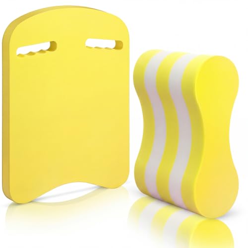 Motionchic 2 Pcs Swimming Kickboard Pull Buoy Set Training Aid Float Pull Buoy Leg Float Swimming Training Equipment Accessories for Hand Leg Adults Children Beginners Exercise Fitness (Yellow White)