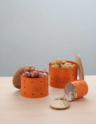 Image of Set of 3 Potato Onion & Garlic Storage Container For Kitchen | Storage Container For Kitchen Storage with Lid. (Orange)