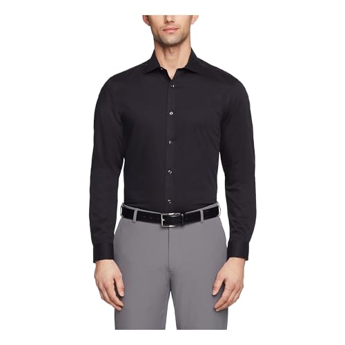 Calvin Klein Men's Dress Shirt Slim Fit Non Iron Herringbone Spread Collar Black