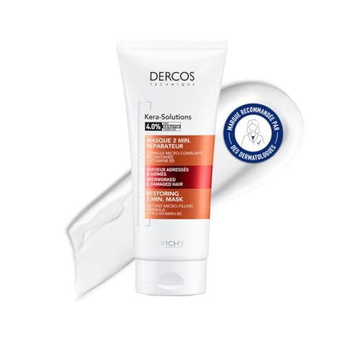 Vichy, Dercos, Kera-Solutions, Masque Réparateur 2 Min pour Cheveux Agressés & Abîmés, Répare et Renforce les Cheveux, 200ml