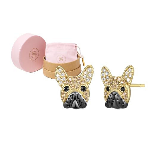 SCAMPER & CO French Bulldog Cubic Zirconia and Genuine Black Spinel Stones Stud Earrings for Women - Sterling Silver Earrings, Premium 18K Yellow Gold & Gunmetal Plating Jewelry Gift for Dog Lovers