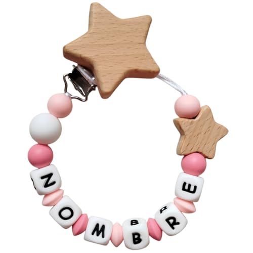 Lindo Bebé- Más colores... | Colección Stars | Sujetachupetes personalizado con nombre del bebé | Libre BPA | A partir de +0 meses | Chupetero (a.- Pink Star)