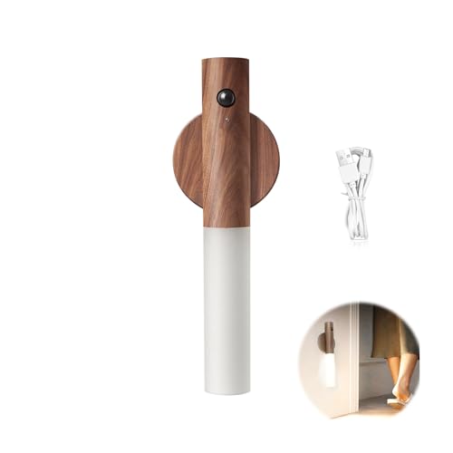 Motion Sensor Night Light, Rechargeable Wall Motion Sensor Night Light Wooden Portable Magnetic Strip Stick Night Lamp Wireless Wall Mounted Torch Lights for Indoor Hallway Stairway Porch (Walnut)