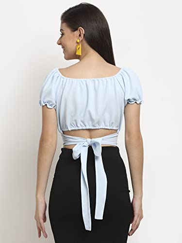 Image of ELEVANTO Women's Ruffle Stylish Short Sleeve Tie Up Back Crop Top Off Shoulder Bardot Blouse /Tops for Summer