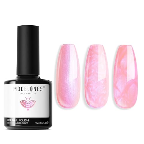 modelones UV Nagellack Rosa Pearl, 15 ML Gellack Pearl Effect Schimmer Meerjungfrau gel Nagellack, Glitter Uv Lack Swirl Effekt, Soak Off Nail Gel Polish Nail Art DIY