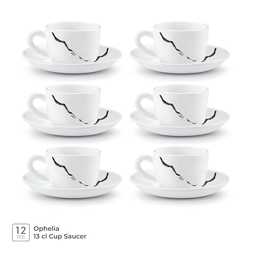 Image of Treo By Milton Opalware Ophelia 13 Stria Cup & Saucer Set | Microwave & Dishwasher Safe | Bone-Ash Free | Tempered Toughness | Set of 12 | White | Crockery Set for Daily Use & Gifting