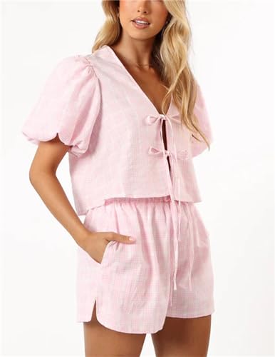 Image of Yuemengxuan Women Y2k Two Piece Plaid Lounge Sets Puff Sleeve Tie front Blouse Top High Waist Shorts Casual Pajamas Sets