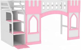 Harper & Bright Designs Twin Size Loft Bed with Storage Staircase and Window, Wood Playhouse Bed Frame with Storage for Boys, Girls, Gray,Pink