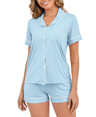 Image of Womens Pajamas Set Short Sleeve Sleepwear Button Down Pjs Shorts Set Soft Pjs Lounge Set With Pockets