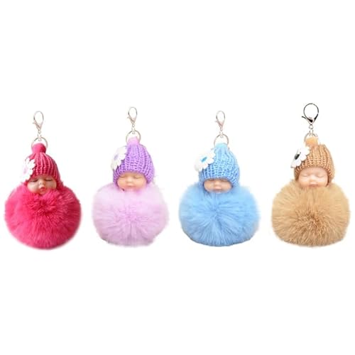 Select Zone Schlüsselanhänger Bommel 4 pcs Schlafende Babypuppe Keychain Plüsch Anhänger Mini Baby Puppe Keychain | Handtasche Anhänger | Flauschige Auto