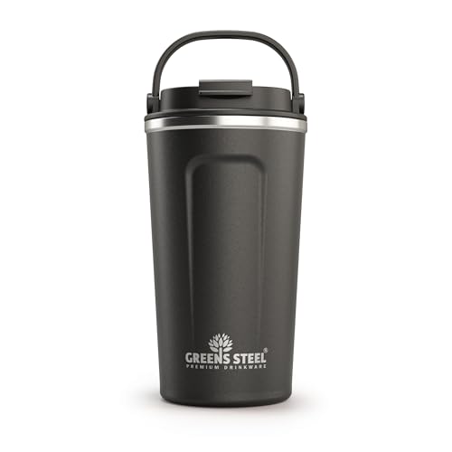 Greens Steel Reusable Coffee Cup - 480 ml (16 oz) Black | Travel Mug with Lid & Handle | Stainless Steel Insulated Flask for Hot & Cold Drinks | Leak Proof Tumbler for Tea, Coffee, Iced Drinks Greens Steel Reusable Coffee Cup - 480 ml (16 oz) Black | Travel Mug with Lid & Handle | Stainless Steel Insulated Flask for Hot & Cold Drinks | Leak Proof Tumbler for Tea, Coffee, Iced Drinks
