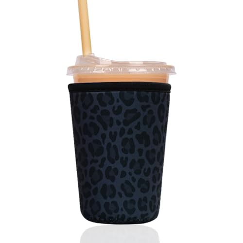 Image of Reusable Insulated Sleeve for Iced Coffee Cup, Coffee Neoprene Sleeve for Cold & Hot Drinks, Beverage Holder for Iced Coffee (Charcoal Leopard, Small: 16-18oz)