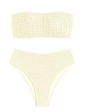 ZAFUL Women's Textured Bandeau Bikini Strapless Solid Color 2 Pieces Bathing Back Lace-up Suit Swimsuit (7-Beige,S)