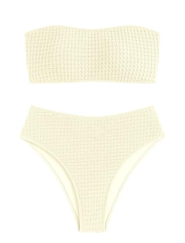 ZAFUL Women's Textured Bandeau Bikini Strapless Solid Color 2 Pieces Bathing Back Lace-up Suit Swimsuit (7-Beige,L)