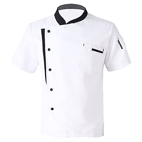 dPois Veste de Chef Cuisinier Homme Femme Manches Courtes Vêtements de Chef Manteau Uniforme Restaurant Blouse Cuisine Professionnel Femme Uniforme de Travail M-XXXL Blanc D L Cover
