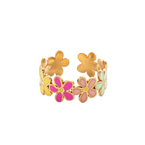 Cute Daisy Flower Colorful Enamel Open Band Ring for Women Gold Lovely Delicate Sunflower Adjustable Stackable Finger Rings Stainless Steel Dainty Engagement Wedding Summer Jewelry for Daughter